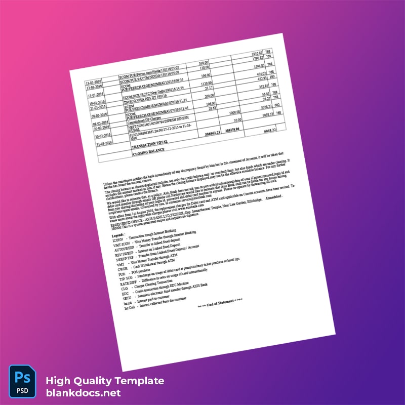 India Axis Bank Account Statement Template in Word and PDF formats page 6