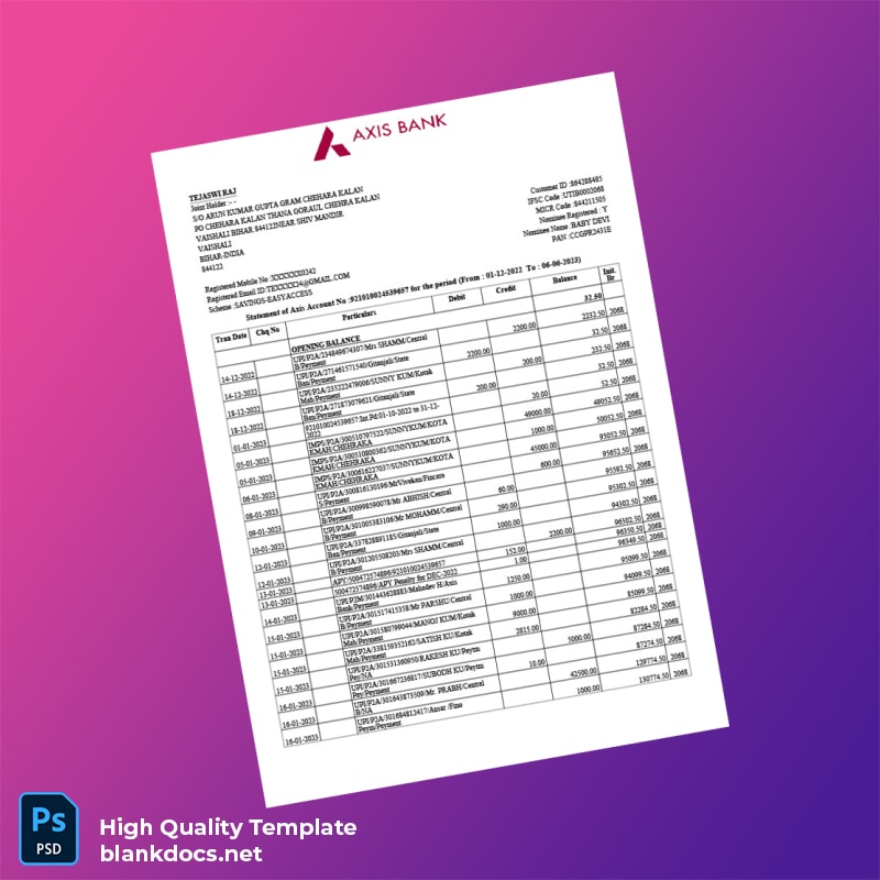 India Axis Bank Bank Statement Template in Word and PDF formats