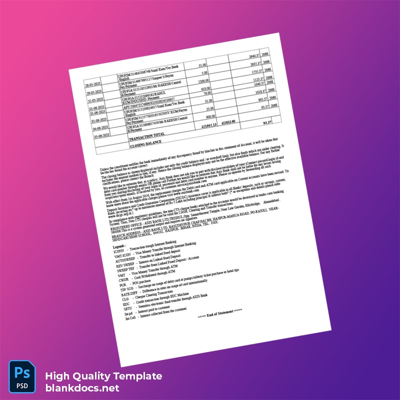 India Axis Bank Bank Statement Template in Word and PDF formats page 7