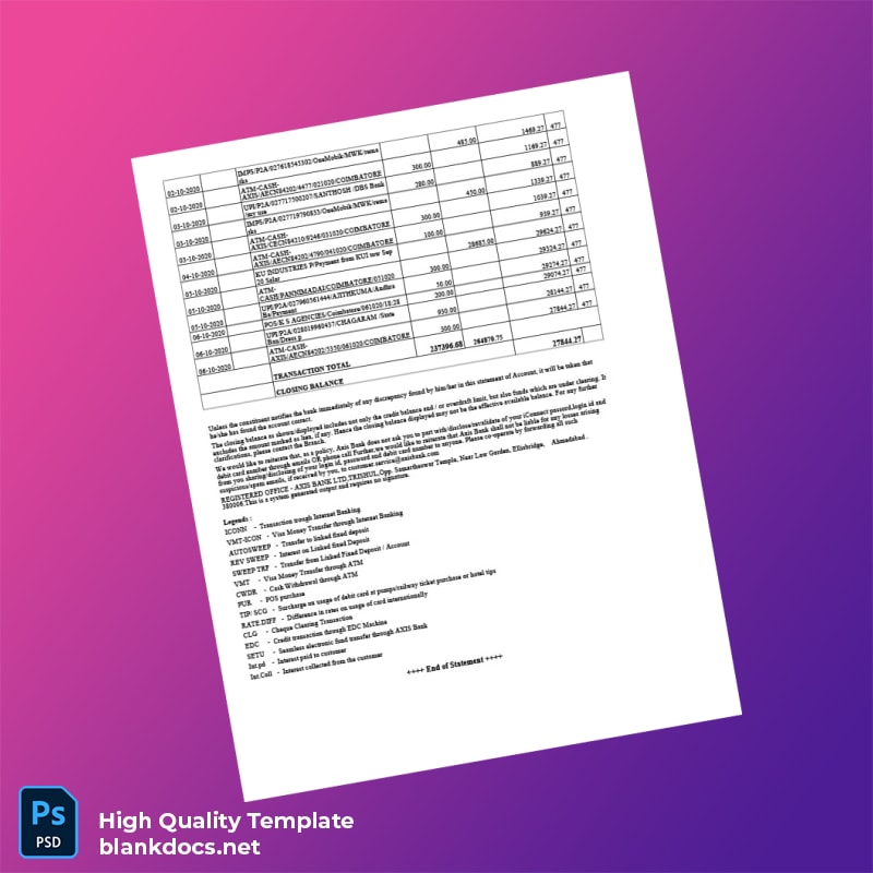 India Axis Bank Statement Template in Word and PDF formats page 6