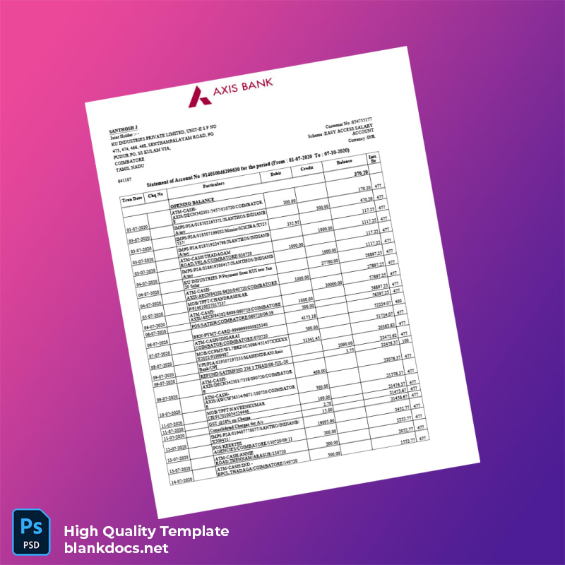India Axis Bank Statement Template in Word and PDF formats