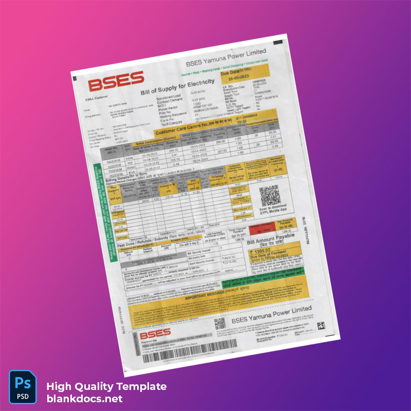 India BSES Yamuna Power Limited Editable Electricity Bill Template in Word and PDF formats