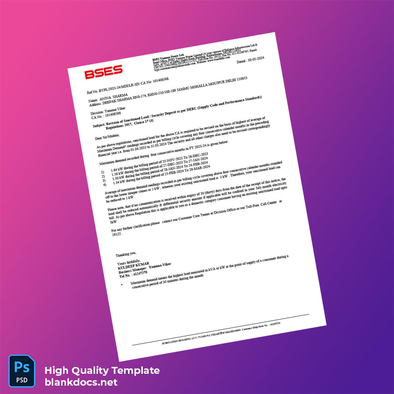 India BSES Yamuna Power Ltd Editable Utility Bill Template in Word and PDF formats page 2