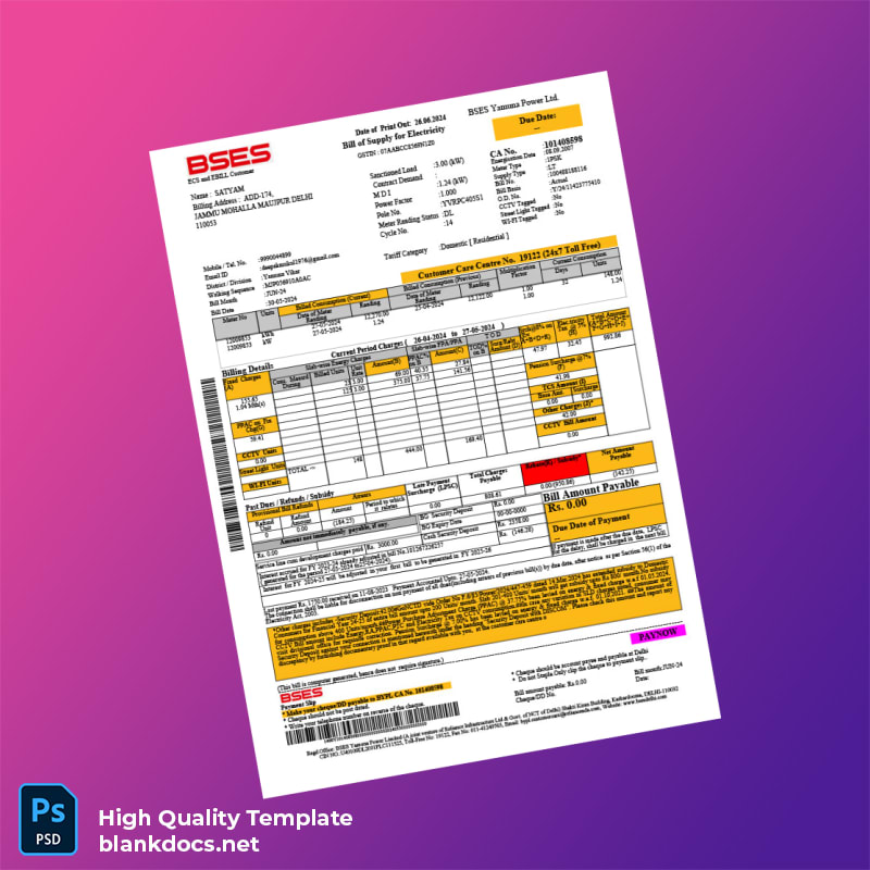 India BSES Yamuna Power Ltd Editable Utility Bill Template in Word and PDF formats
