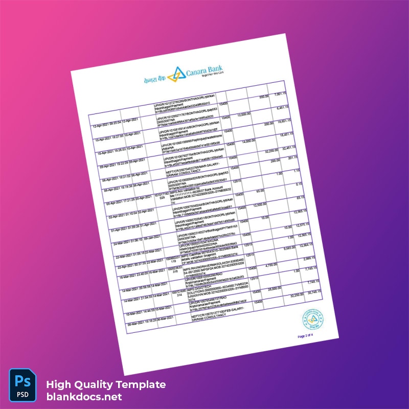 India Bank Account Statement Template in Word and PDF formats page 2