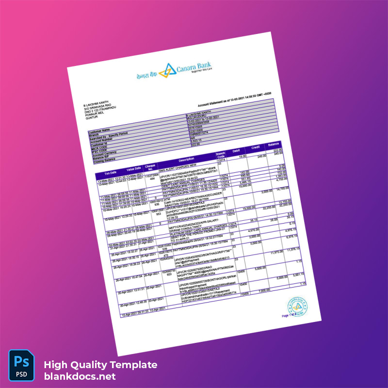 India Bank Account Statement Template in Word and PDF formats