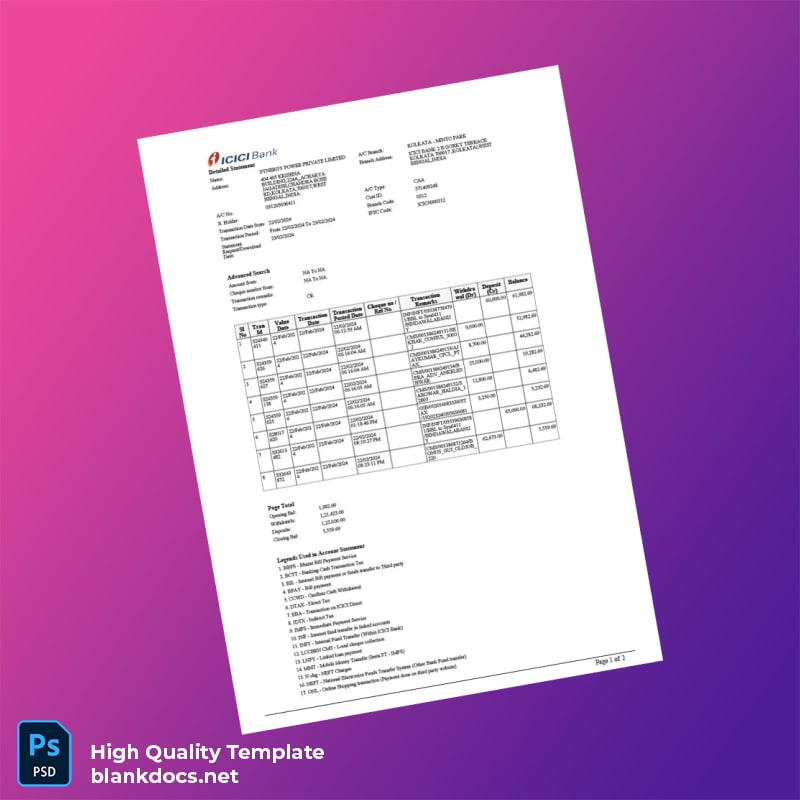India Bank Statement Template in Word and PDF formats