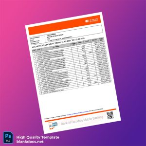 India Bank of Baroda Bank Statement Template in Word and PDF formats