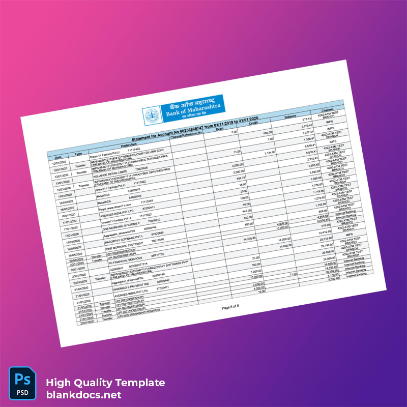 India Bank of Maharashtra Account Statement Template in Word and PDF formats page 6