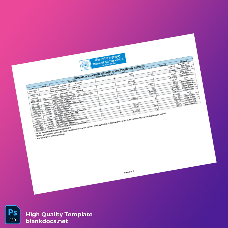 India Bank of Maharashtra Account Statement Template in Word and PDF formats page 7