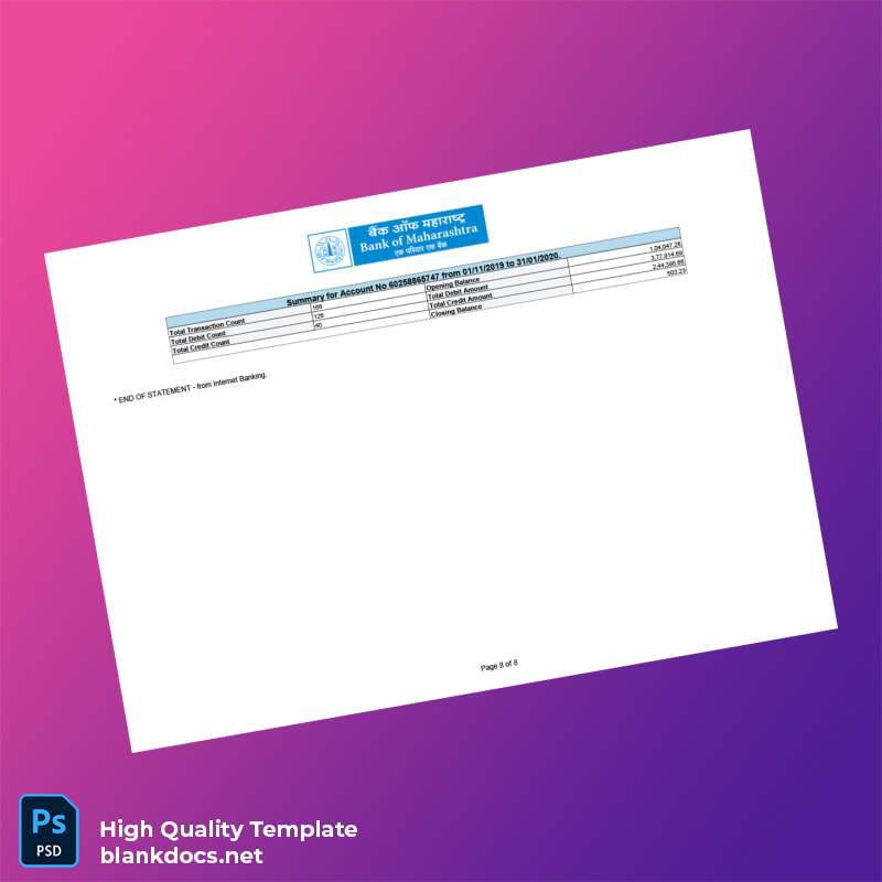 India Bank of Maharashtra Account Statement Template in Word and PDF formats page 8
