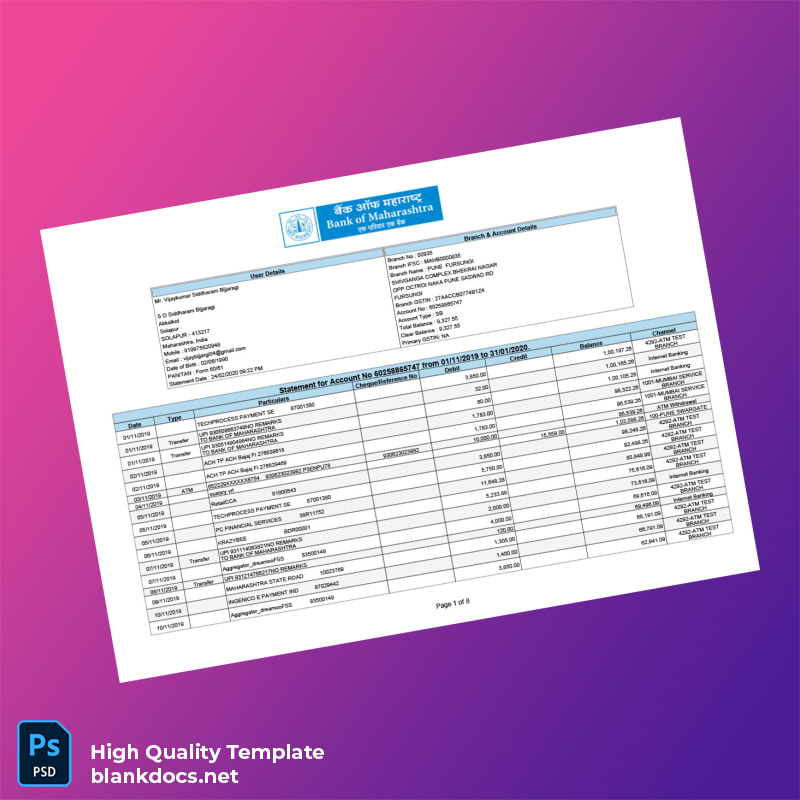 India Bank of Maharashtra Account Statement Template in Word and PDF formats