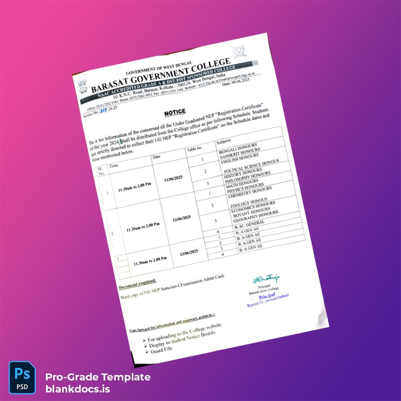 Blank India Barasat Government College Registration Certificate Template (Word/PDF) Document Preview - BlankDocs