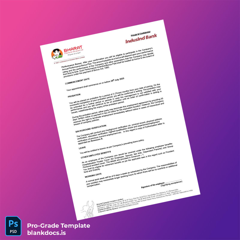 Blank India Bharat Financial Inclusion Limited Employment Verification Letter Template in Word and PDF formats page 2 Document Preview - BlankDocs