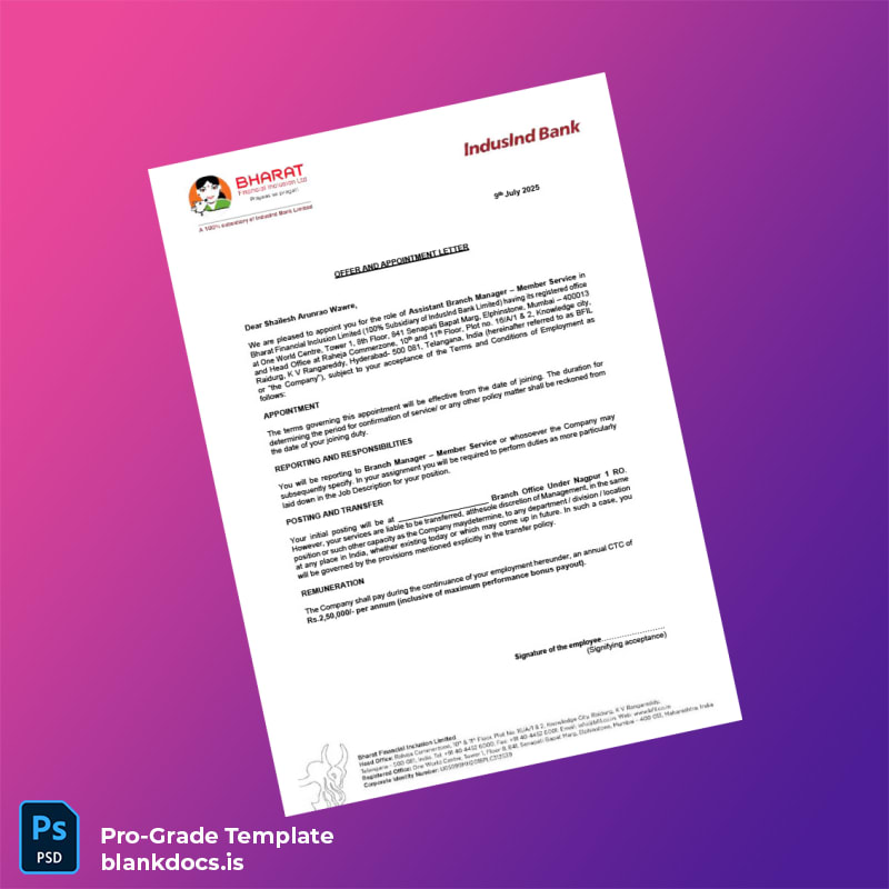 Blank India Bharat Financial Inclusion Limited Employment Verification Letter Template (Word/PDF) Document Preview - BlankDocs