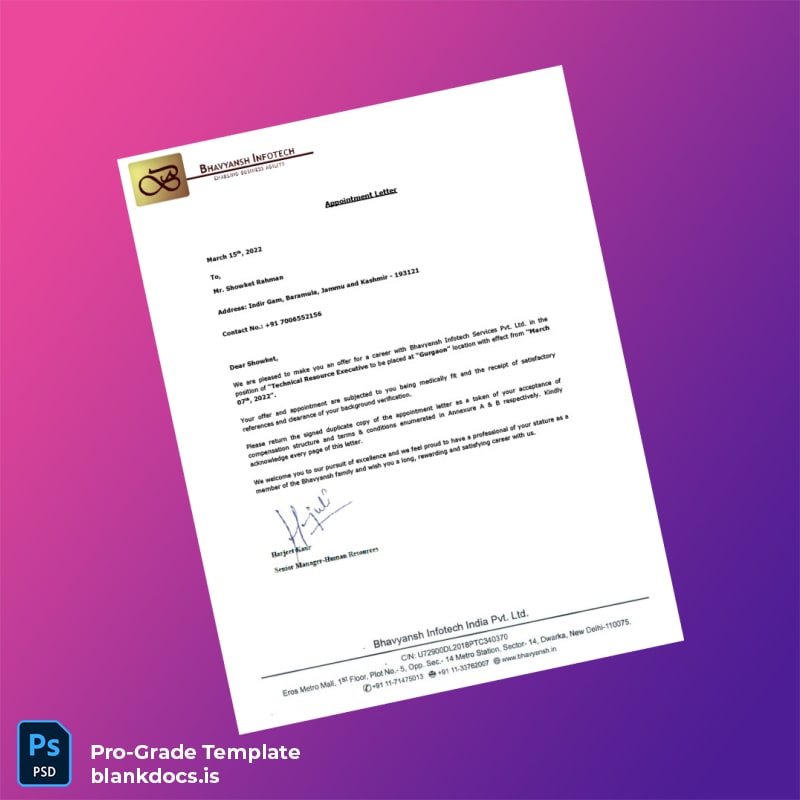 Blank India Bhavyansh Infotech Services Pvt Ltd Employment Verification Letter Template (Word/PDF) Document Preview - BlankDocs