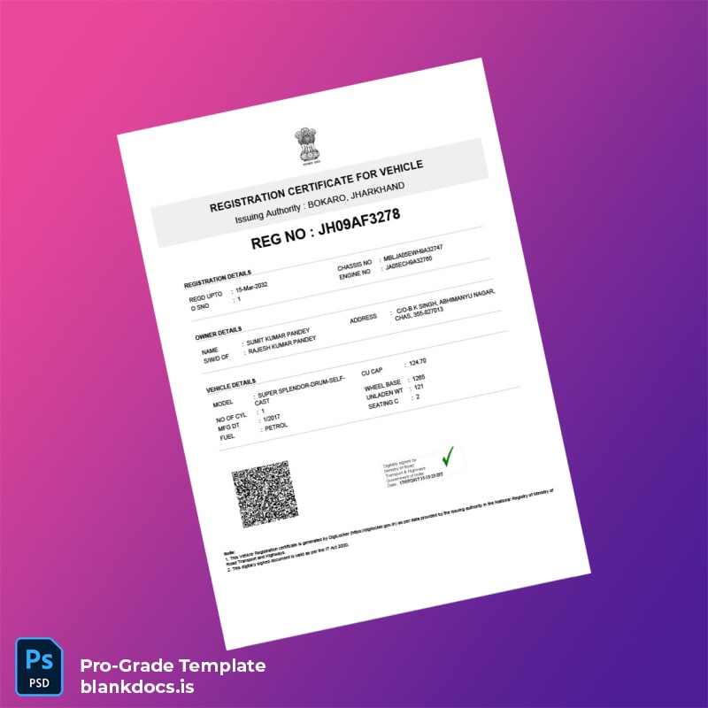 Blank India Bokaro Registration Certificate Template (Word/PDF) Document Preview - BlankDocs