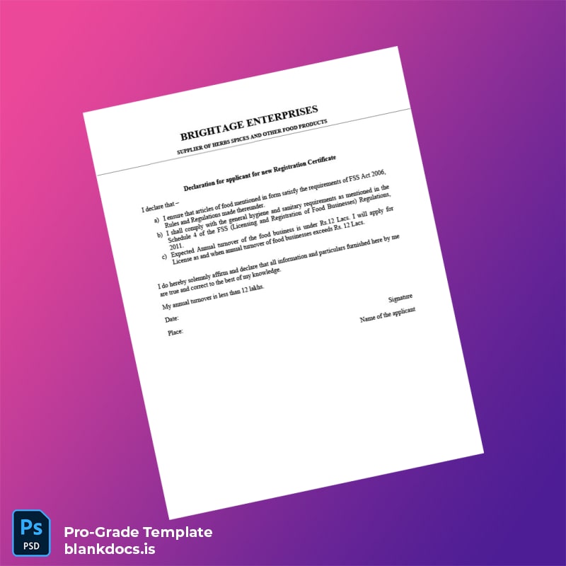 Blank India Brightage Enterprises Business Registration Certificate Template (Word/PDF) Document Preview - BlankDocs