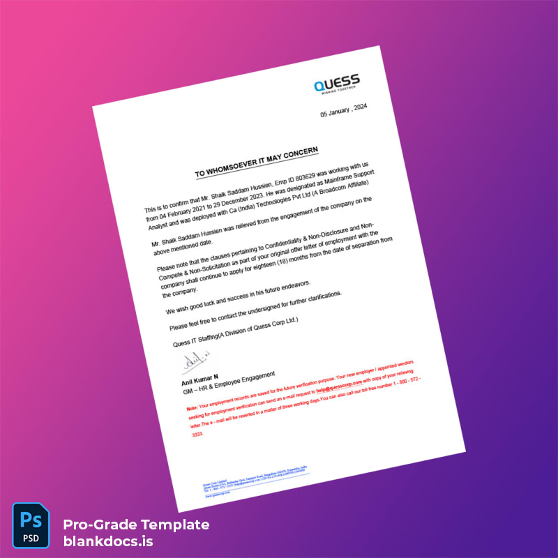 Blank India Ca India Technologies Pvt Ltd Employment Verification Letter Template (Word/PDF) Document Preview - BlankDocs