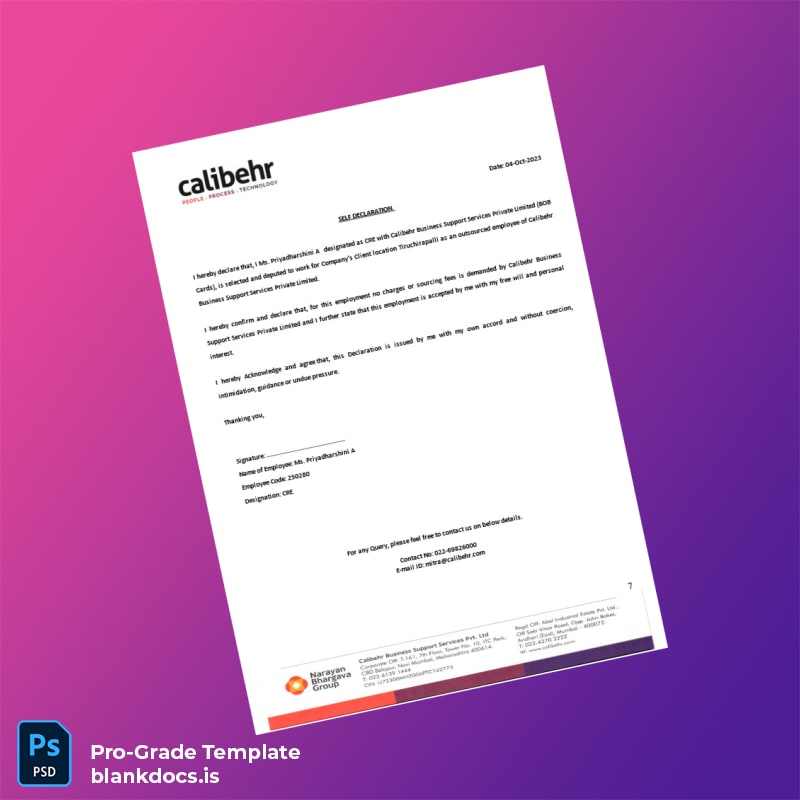 Blank India Calibehr Business Support Services Pvt Ltd Employment Verification Letter Template in Word and PDF formats page 7 Document Preview - BlankDocs
