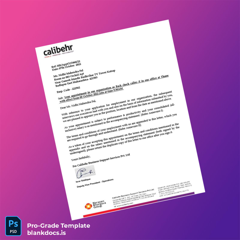 Blank India Calibehr Business Support Services Pvt Ltd Employment Verification Letter Template (Word/PDF) Document Preview - BlankDocs