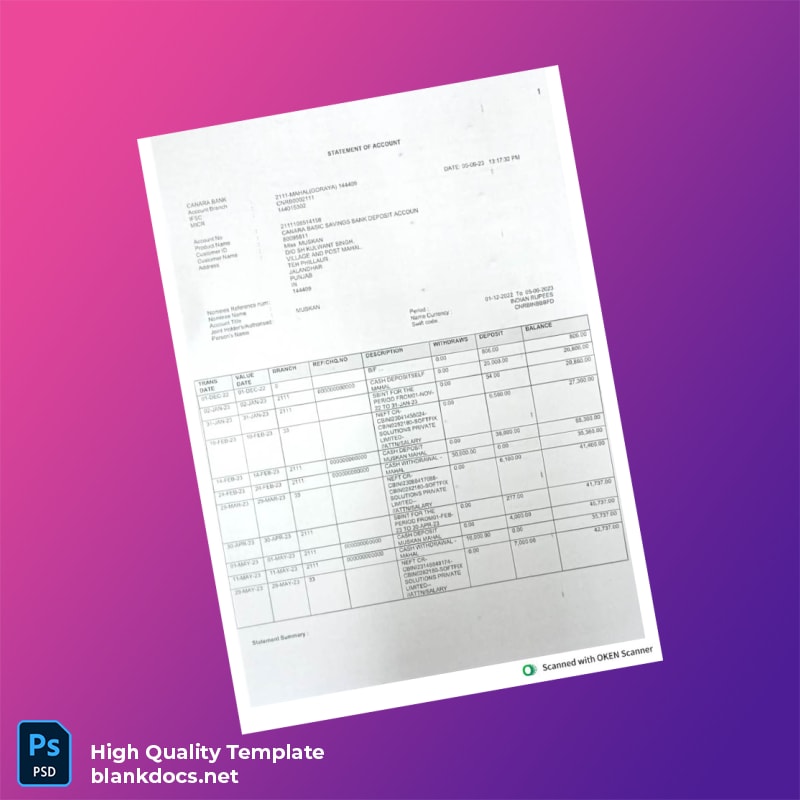 India Canara Bank Statement Template in Word and PDF formats page 2