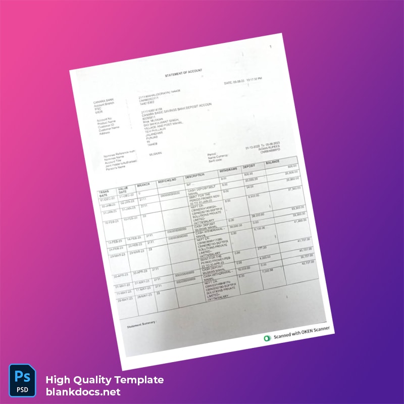 India Canara Bank Statement Template in Word and PDF formats page 3