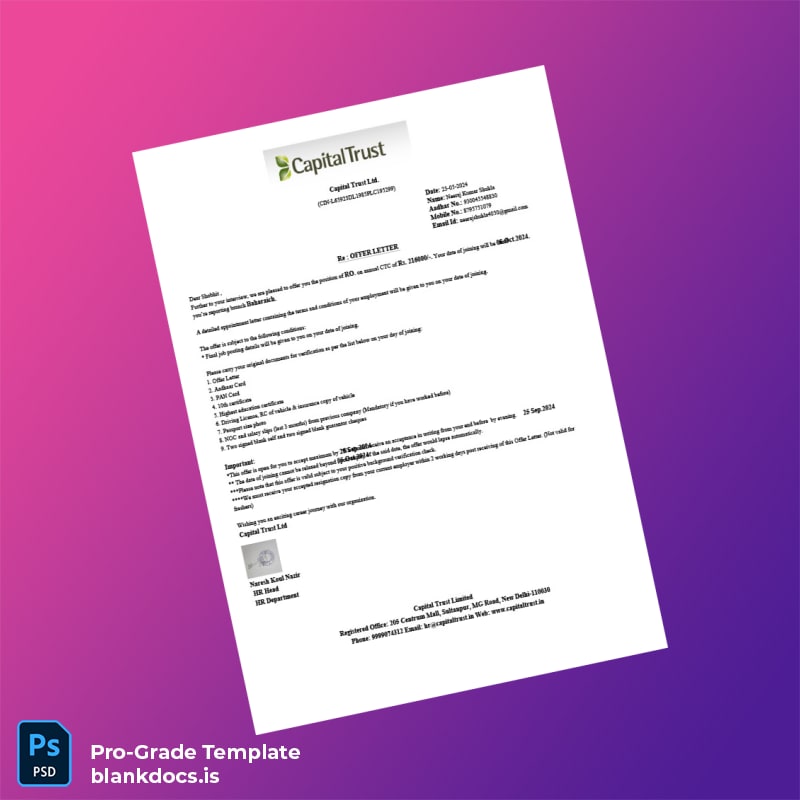 Blank India Capital Trust Employment Verification Letter Template (Word/PDF) Document Preview - BlankDocs