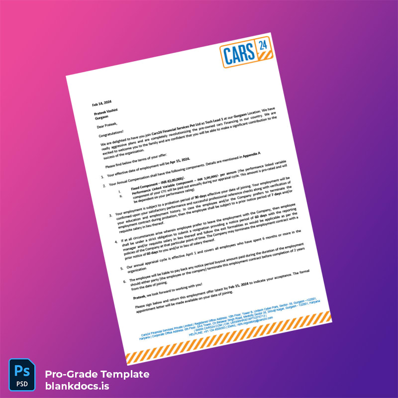 Blank India Cars24 Financial Services Employment Verification Letter Template (Word/PDF) Document Preview - BlankDocs