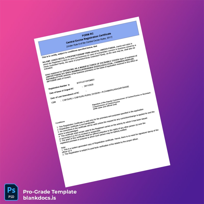 Blank India Central Excise Registration Certificate Template (Word/PDF) Document Preview - BlankDocs