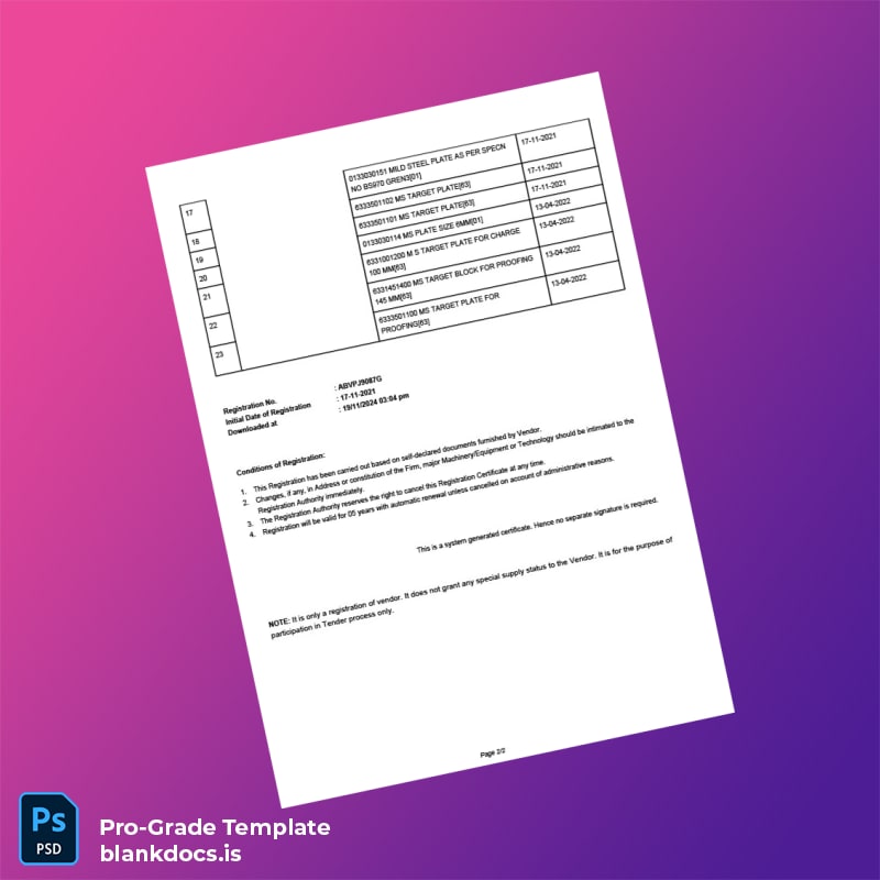 Blank India Centralised Vendor Registration Certificate Template in Word and PDF formats page 2 Document Preview - BlankDocs