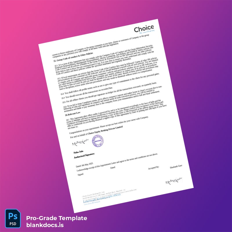 Blank India Choice Equity Broking Private Limited Appointment Letter Template in Word and PDF formats page 6 Document Preview - BlankDocs