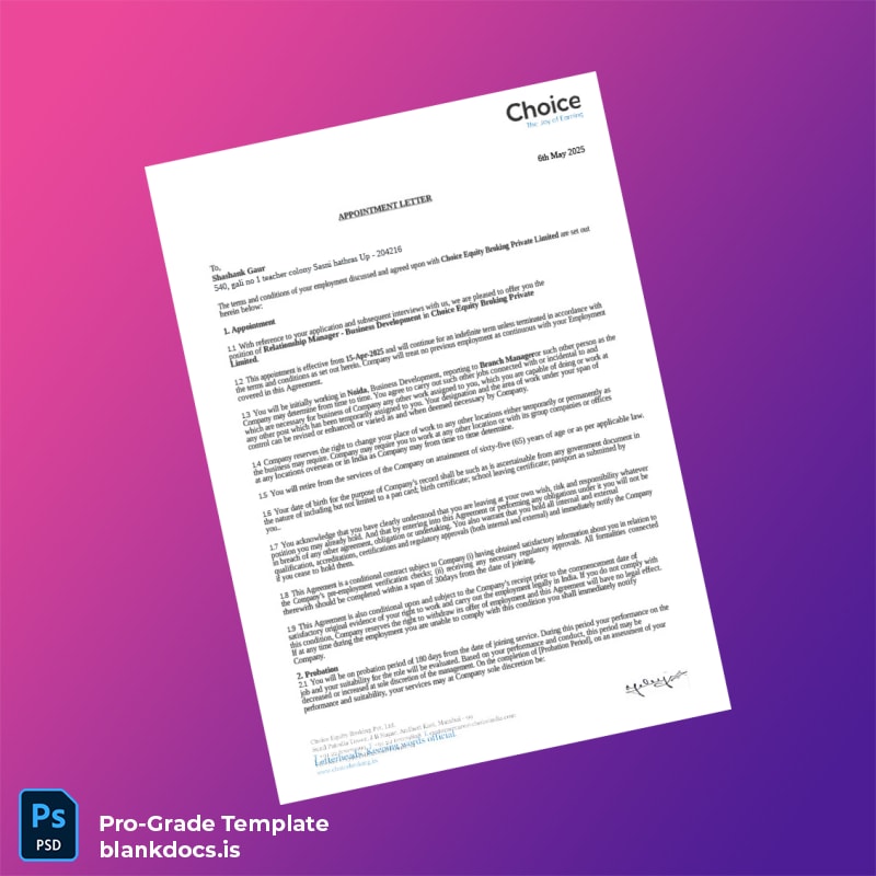 Blank India Choice Equity Broking Private Limited Appointment Letter Template (Word/PDF) Document Preview - BlankDocs