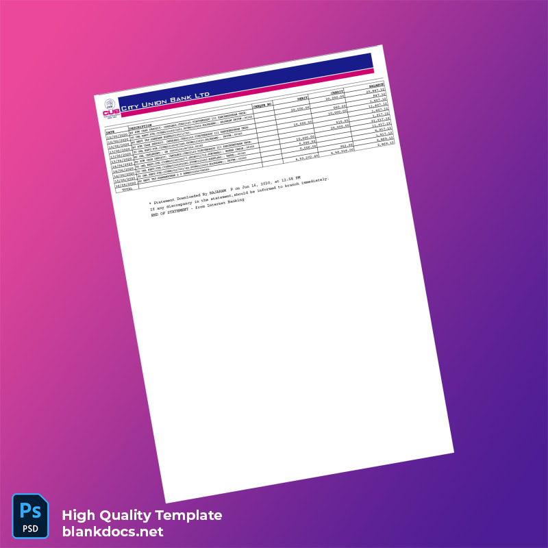 India City Union Bank Editable Bank Statement Template in Word and PDF formats page 2