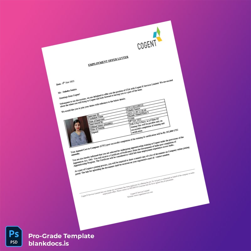 Blank India Cogent E Services Limited Employment Verification Letter Template (Word/PDF) Document Preview - BlankDocs