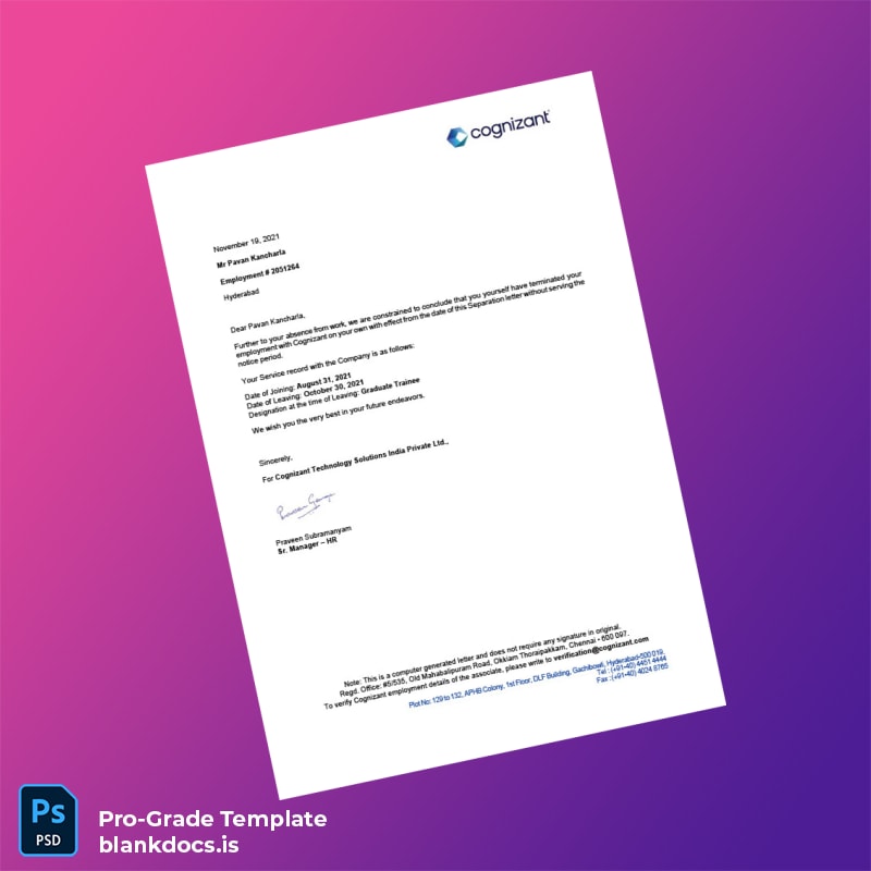 Blank India Cognizant Experience Letter Template (Word/PDF) Document Preview - BlankDocs