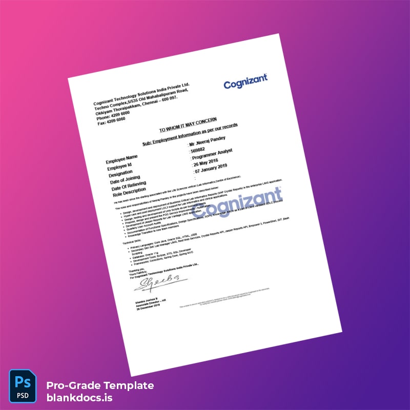 Blank India Cognizant Technology Solutions Employment Verification Letter Template (Word/PDF) Document Preview - BlankDocs