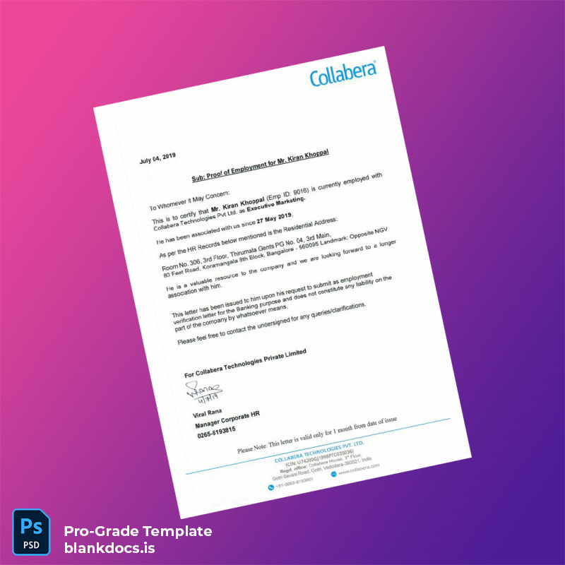 Blank India Collabera Technologies Pvt Ltd Proof of Employment Letter Template (Word/PDF) Document Preview - BlankDocs