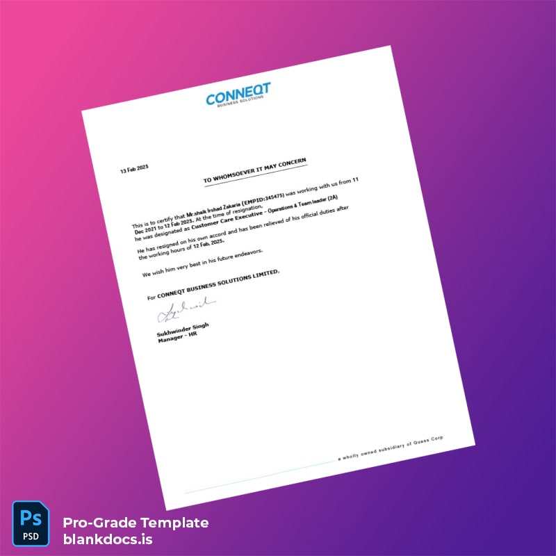 Blank India Conneqt Business Solutions Employment Verification Letter Template (Word/PDF) Document Preview - BlankDocs