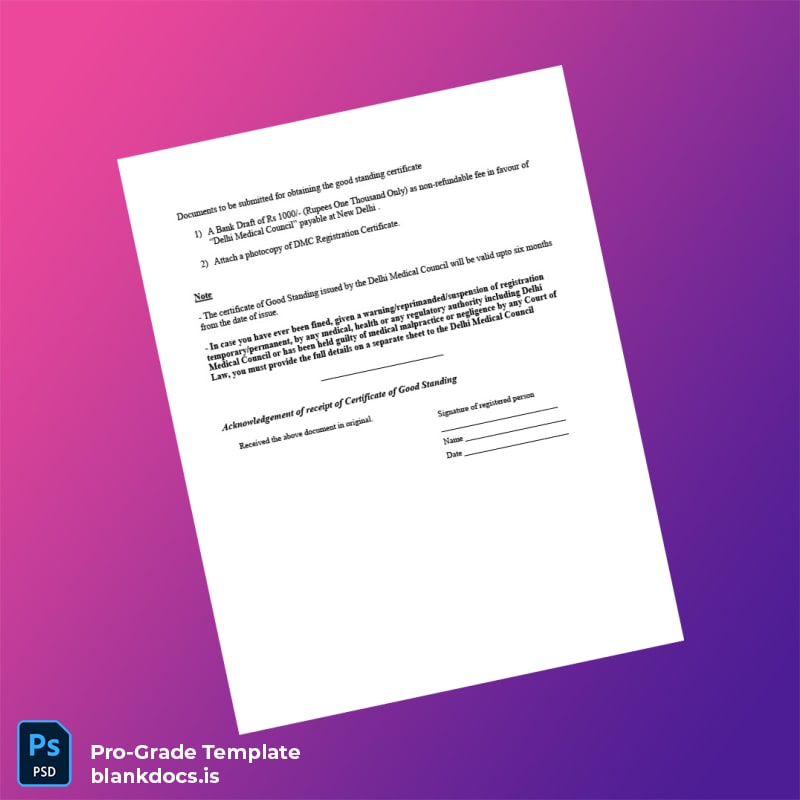 Blank India Delhi Medical Council Certificate of Good Standing Application Form Template in Word and PDF formats page 2 Document Preview - BlankDocs