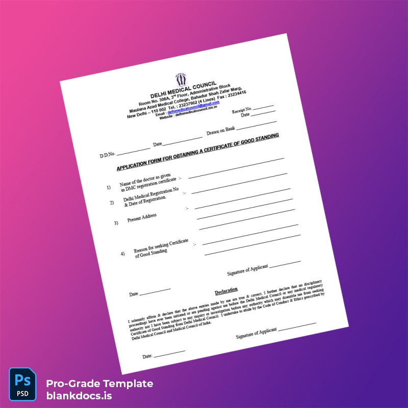 Blank India Delhi Medical Council Certificate of Good Standing Application Form Template (Word/PDF) Document Preview - BlankDocs