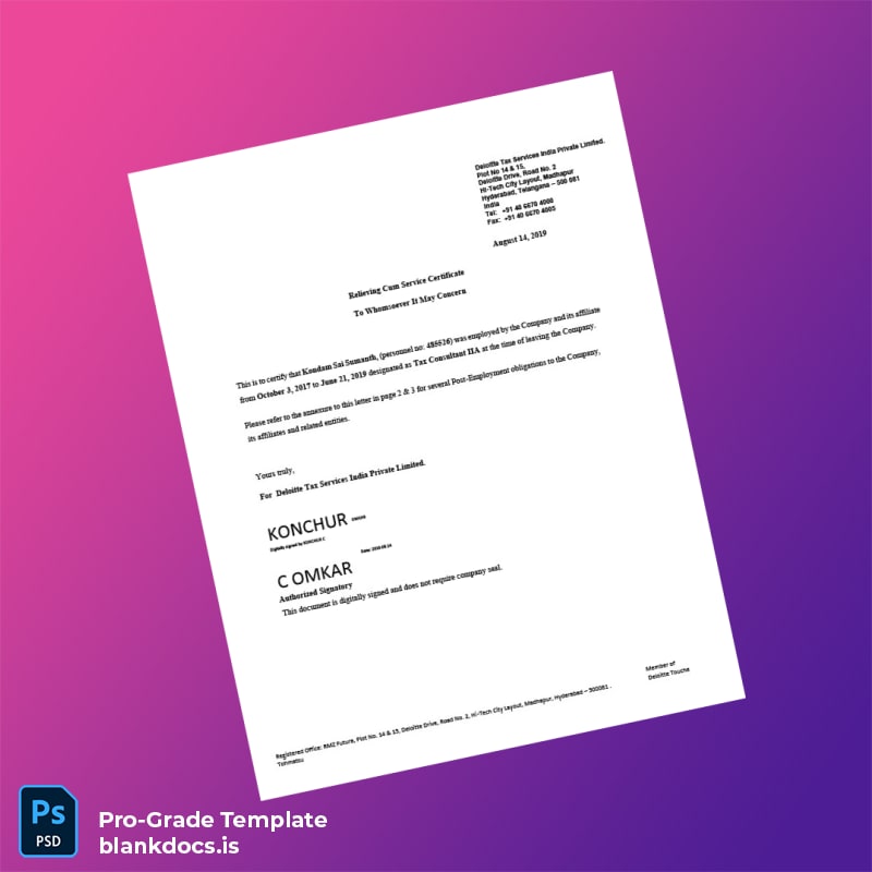 Blank India Deloitte Employment Verification Letter Template (Word/PDF) Document Preview - BlankDocs