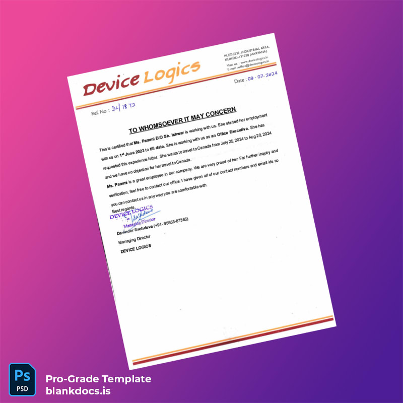 Blank India Device Logics Employment Certificate Template (Word/PDF) Document Preview - BlankDocs