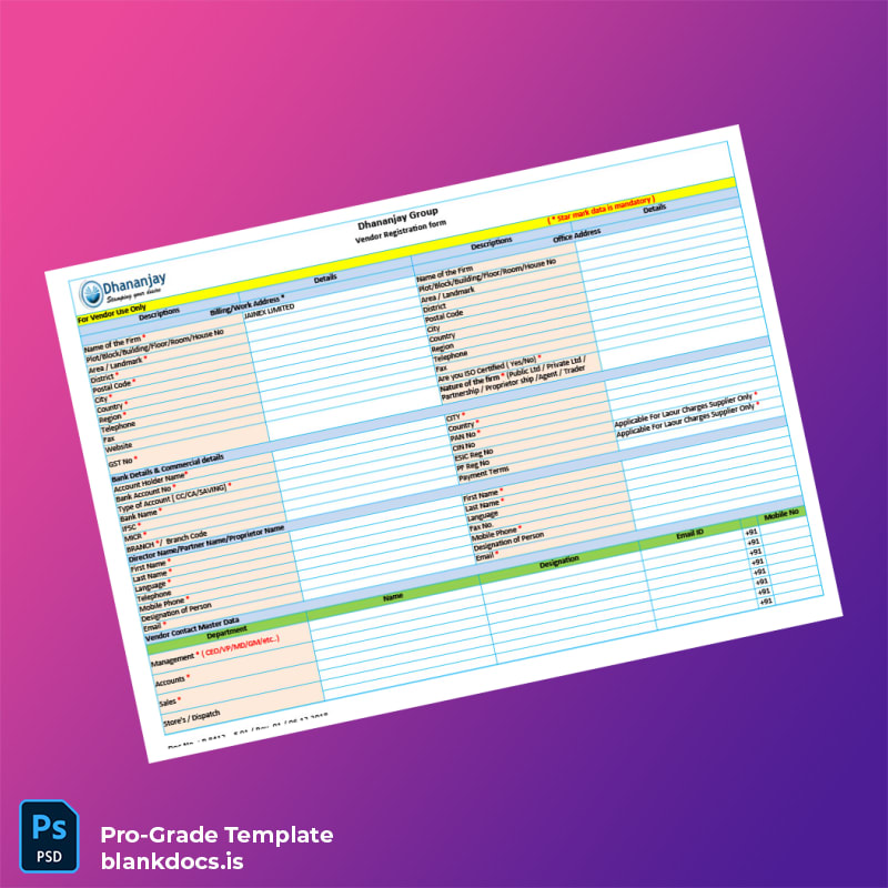 Blank India Dhananjay Group Vendor Registration Form Template (Word/PDF) Document Preview - BlankDocs