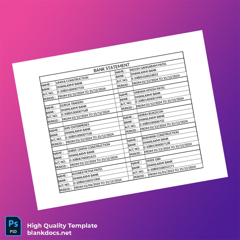 India Dhanlaxmi Bank Statement Template in Word and PDF formats