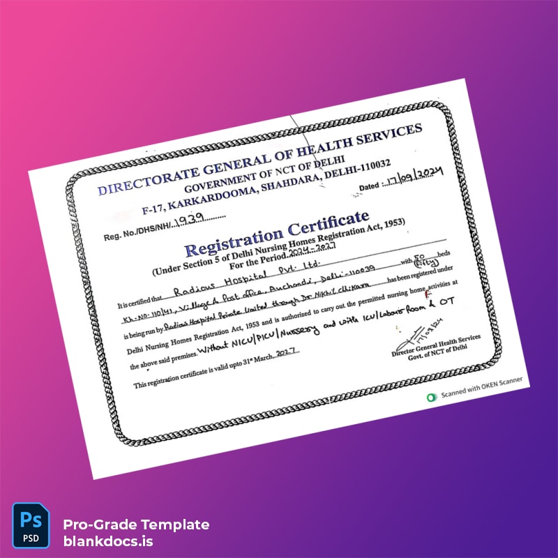 Blank India Director General Health Services Registration Certificate Template (Word/PDF) Document Preview - BlankDocs