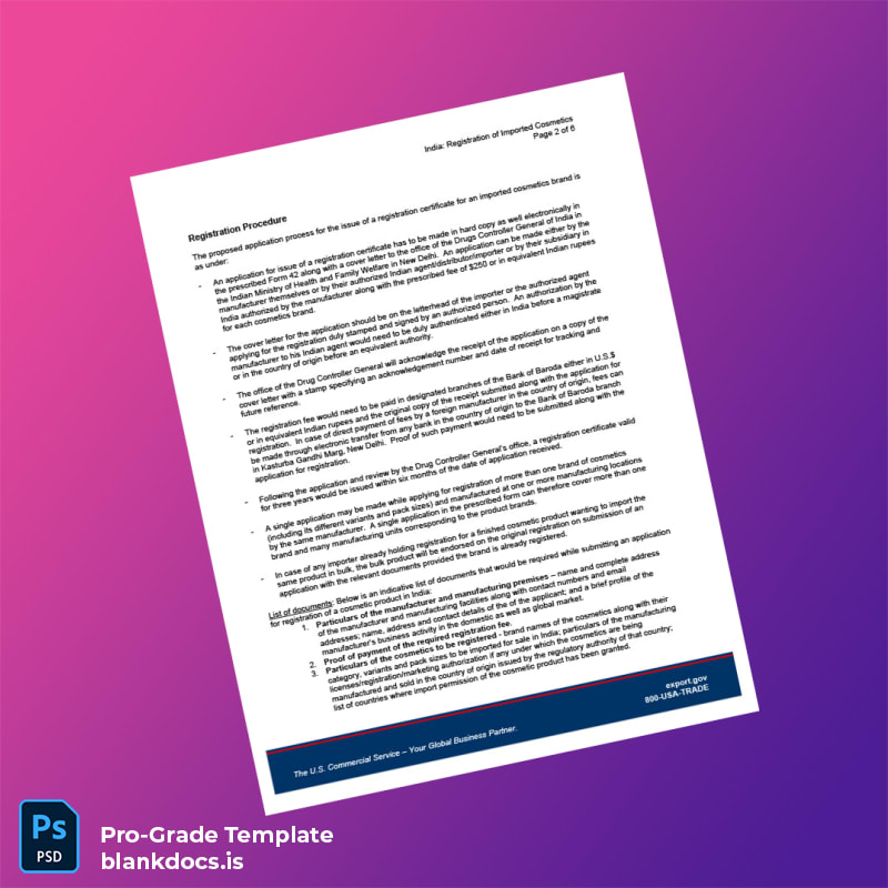 Blank India Drug Regulatory Authority Registration of Imported Cosmetics Template in Word and PDF formats page 2 Document Preview - BlankDocs