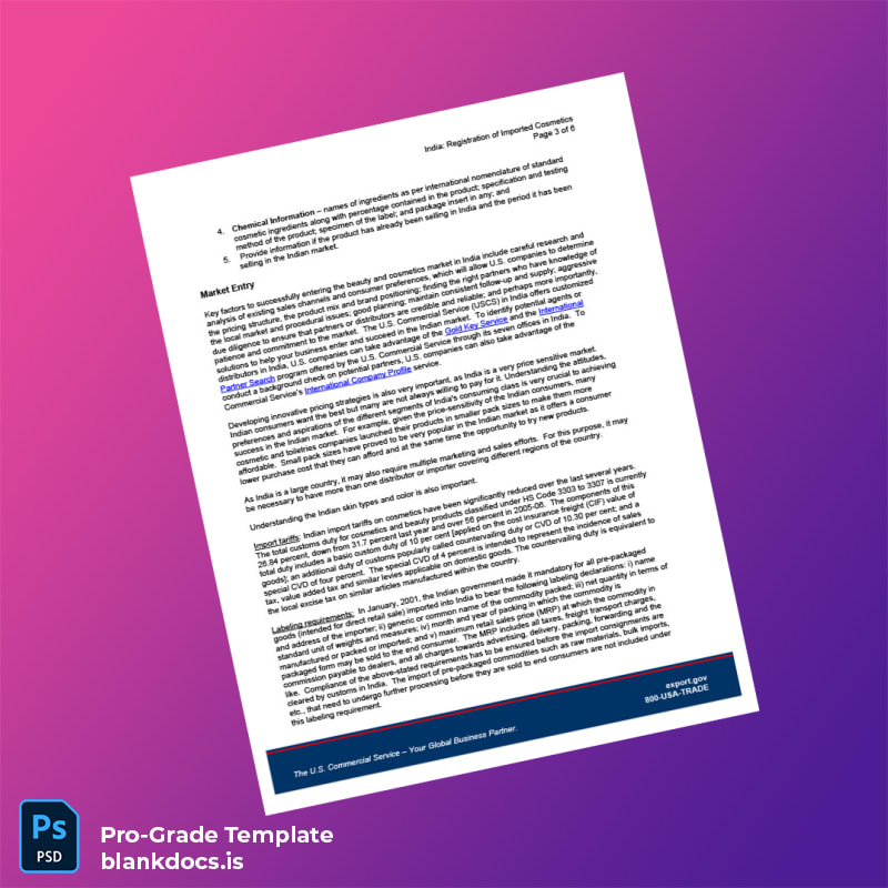 Blank India Drug Regulatory Authority Registration of Imported Cosmetics Template in Word and PDF formats page 3 Document Preview - BlankDocs