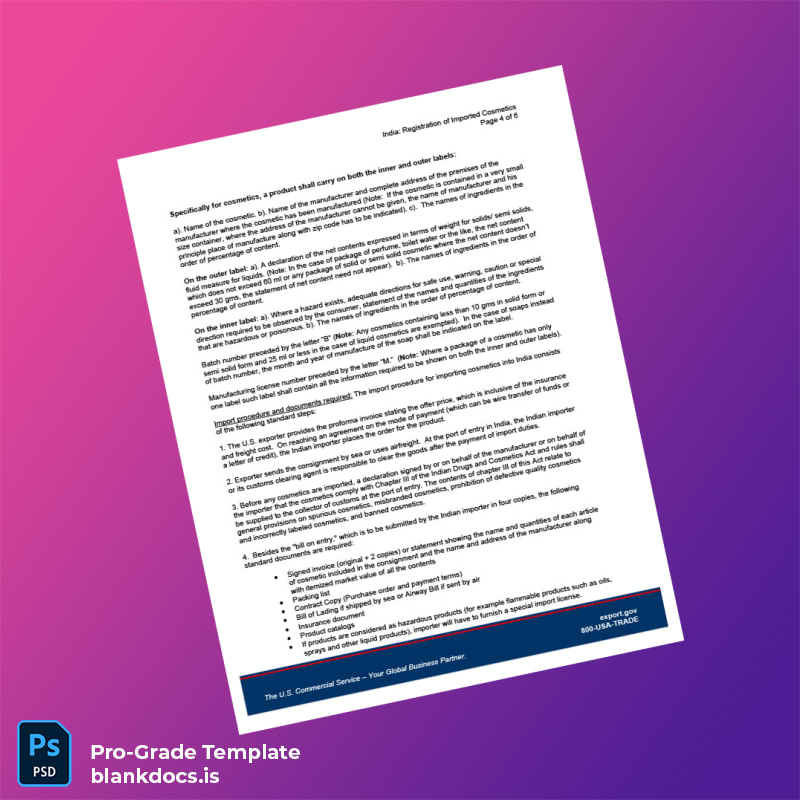 Blank India Drug Regulatory Authority Registration of Imported Cosmetics Template in Word and PDF formats page 4 Document Preview - BlankDocs