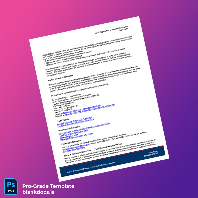 Blank India Drug Regulatory Authority Registration of Imported Cosmetics Template in Word and PDF formats page 5 Document Preview - BlankDocs